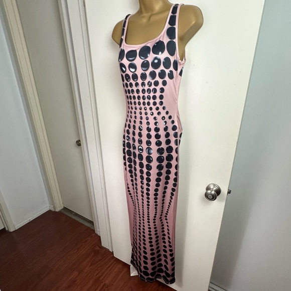 Mew Mew Ishi Black Dot Printed Form Fitting Women’s Maxi Dress In Blush NWT S - Picture 5 of 16